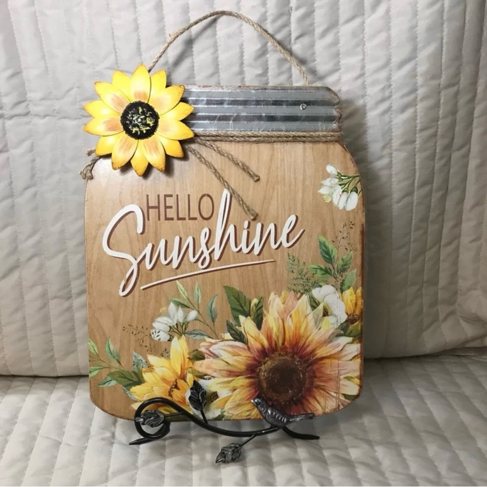 Sunflower plaque Wall Shelf HELLO SUNSHINE Wood & metal Hand painted NWT 12x10